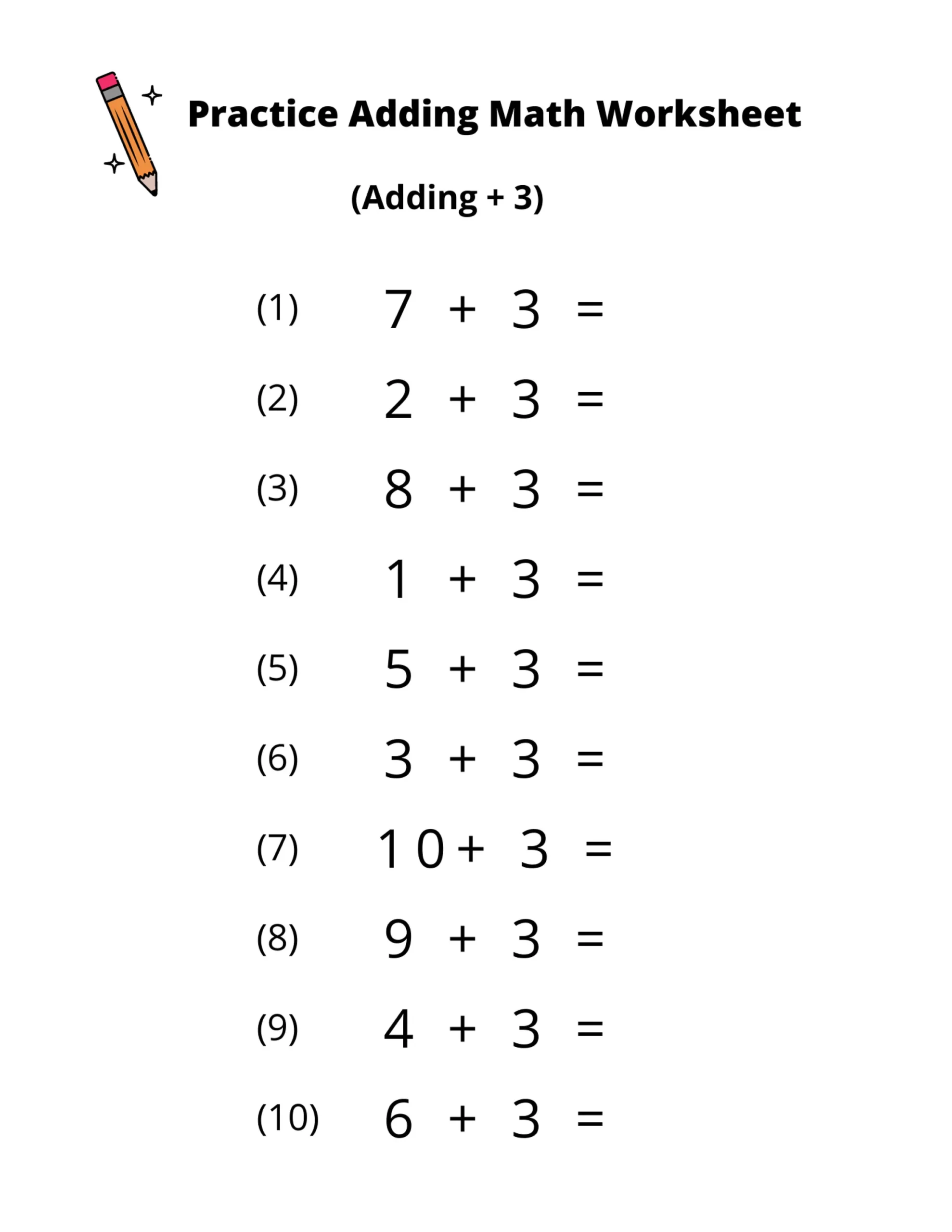 10 Printable Addition Math Worksheets Adding By 3 Numbers 1 20 