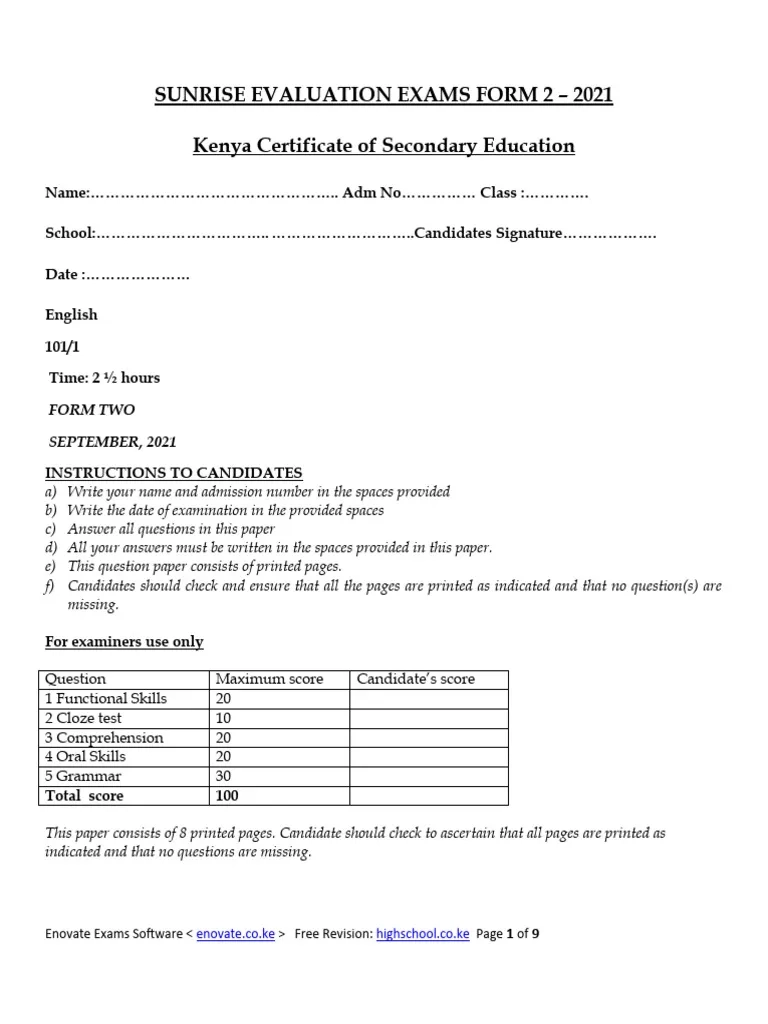 101 Form 2 End Term 1 Exams ENGLISH Questions PDF Pregnancy 