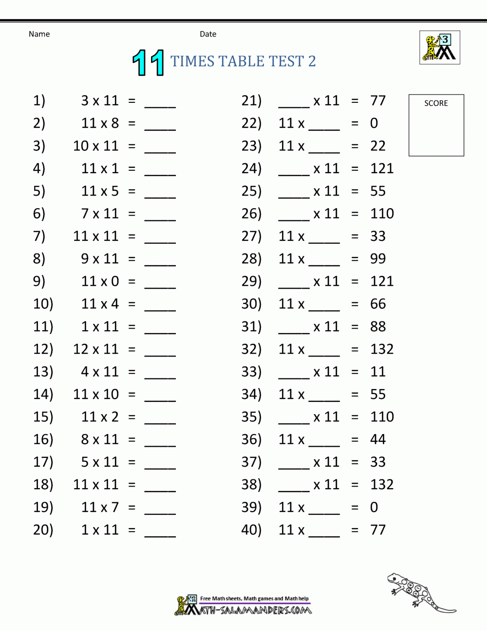 11 Times Tables Worksheets