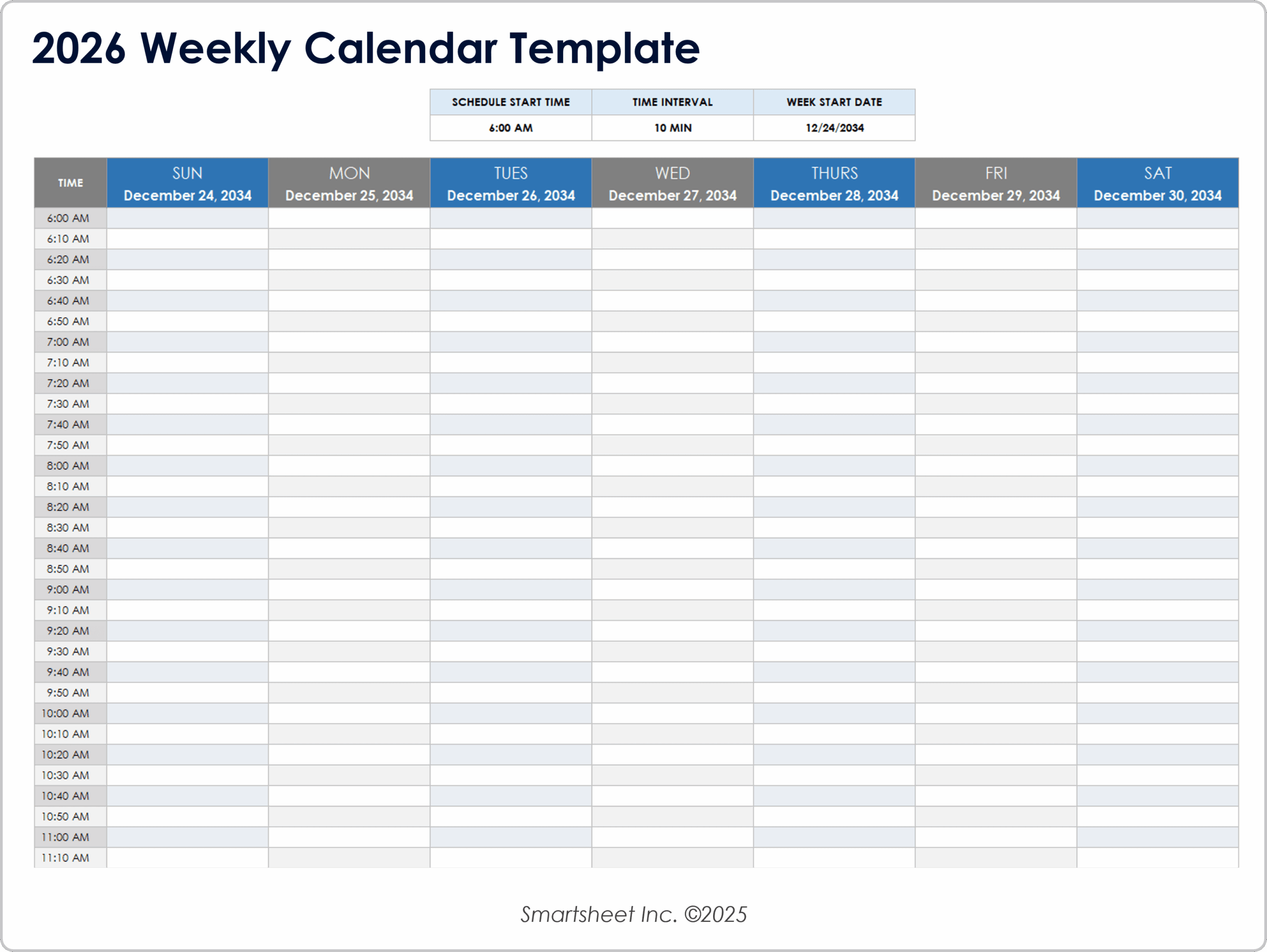Weekly Calendar Blank Printable 2026