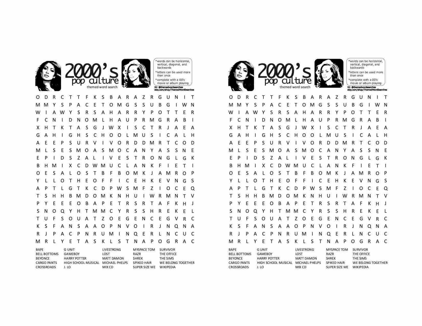 Pop Culture Word Search Printable