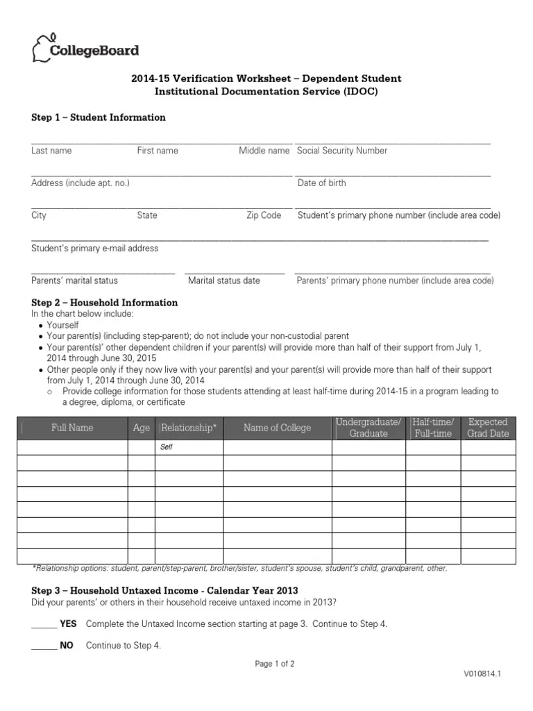 2014 2015 Verification Worksheet Dependent Student IDOC PDF 