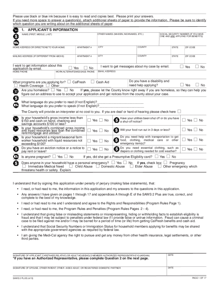 2015 2025 Form CA SAWS 2 PLUS Fill Online Printable Fillable 