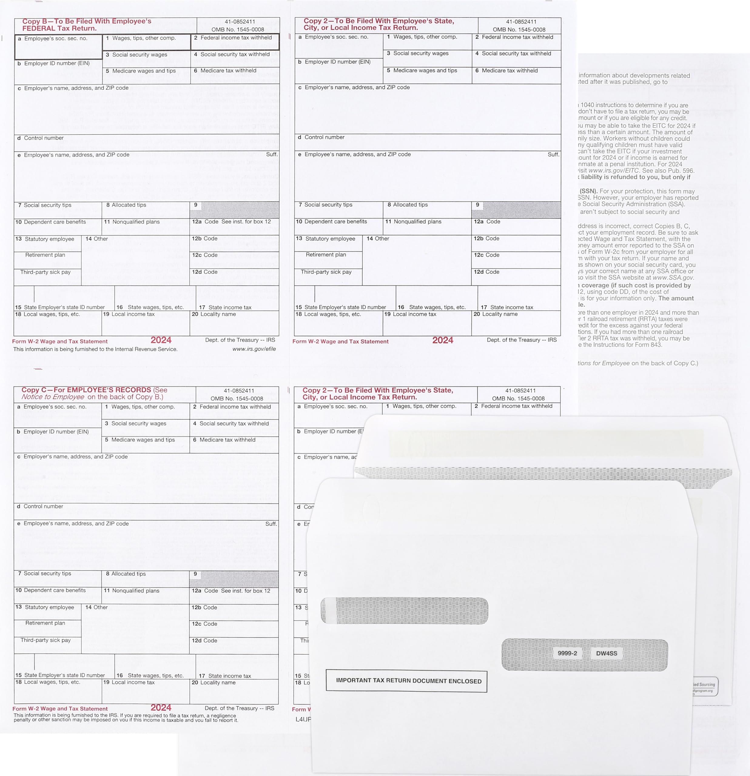 2021 Pre Printed W 2 4 Up Laser Tax Forms Set With Double Window 