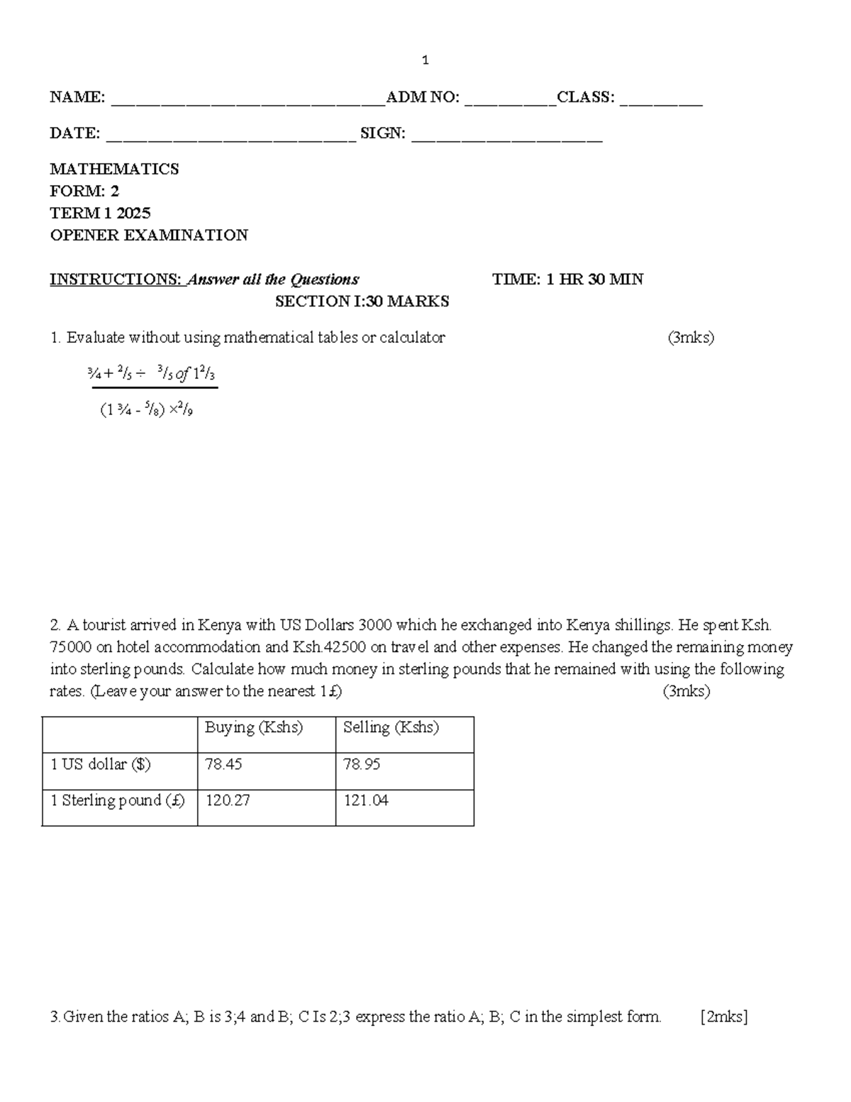 2025 Math F2 Term 1 Open Exam Questions amp Instructions Studocu
