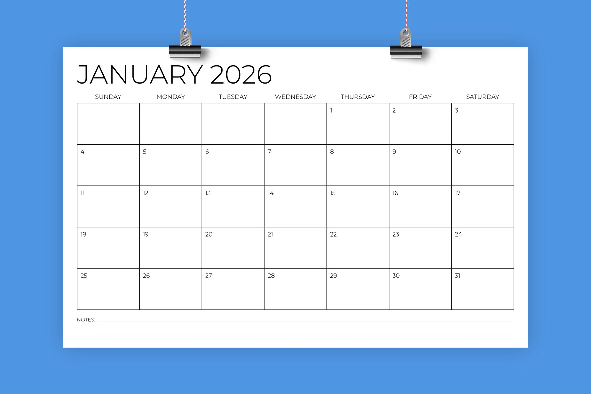 2026 11x17 Calendar Template INSTANT DOWNLOAD Thin Sans Serif 