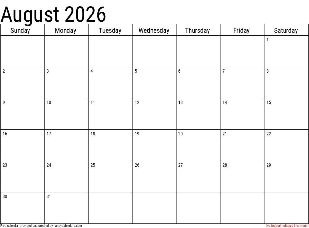 Blank Calendar Aug 2026 Printable