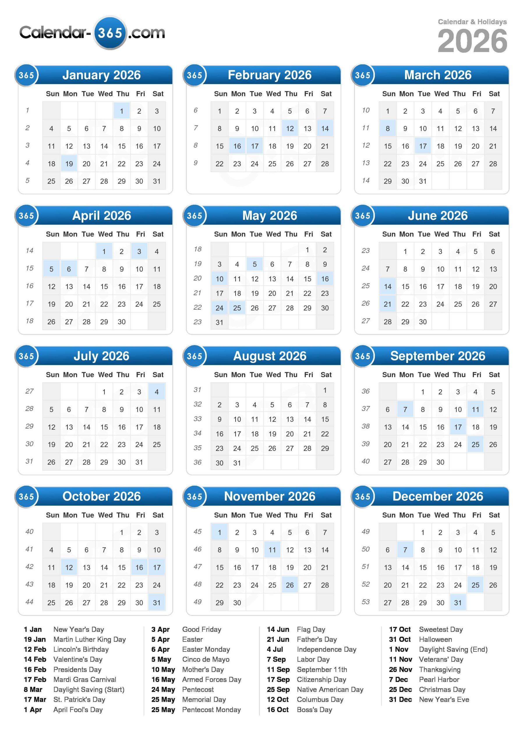 2026 Calendar Printable With Week Numbers