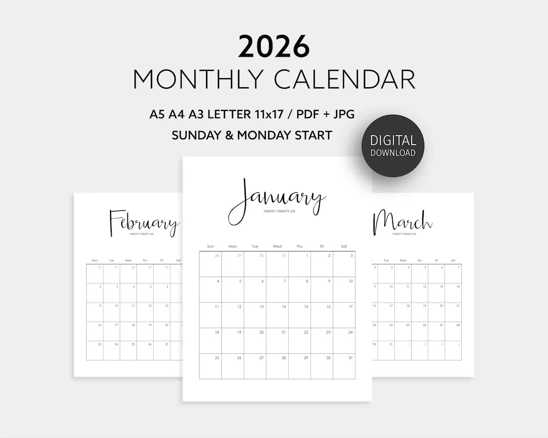 2026 Calendar Dated Monthly Planner Printable Monthly Calendar 