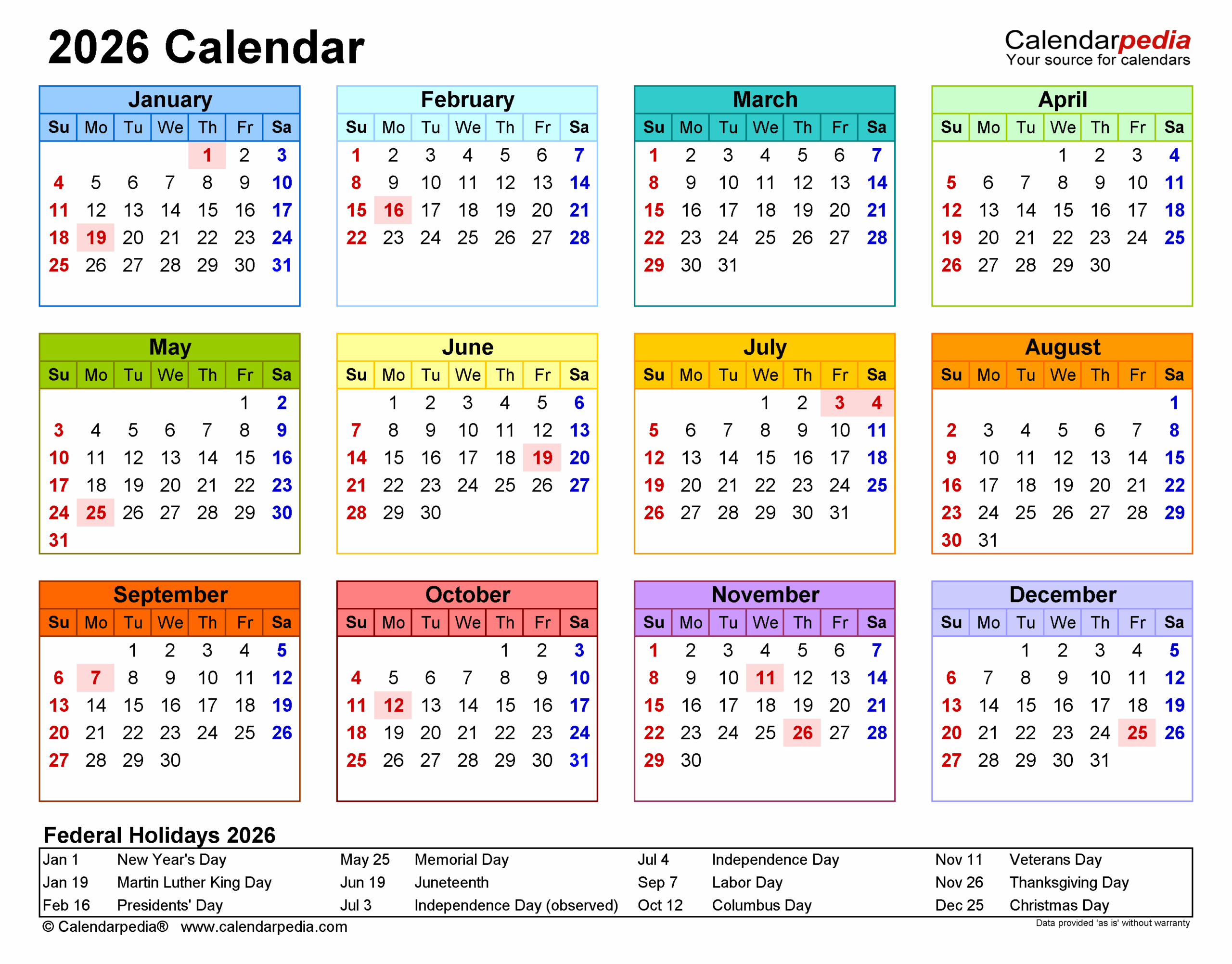 Printable 2026 Calendar With Holidays
