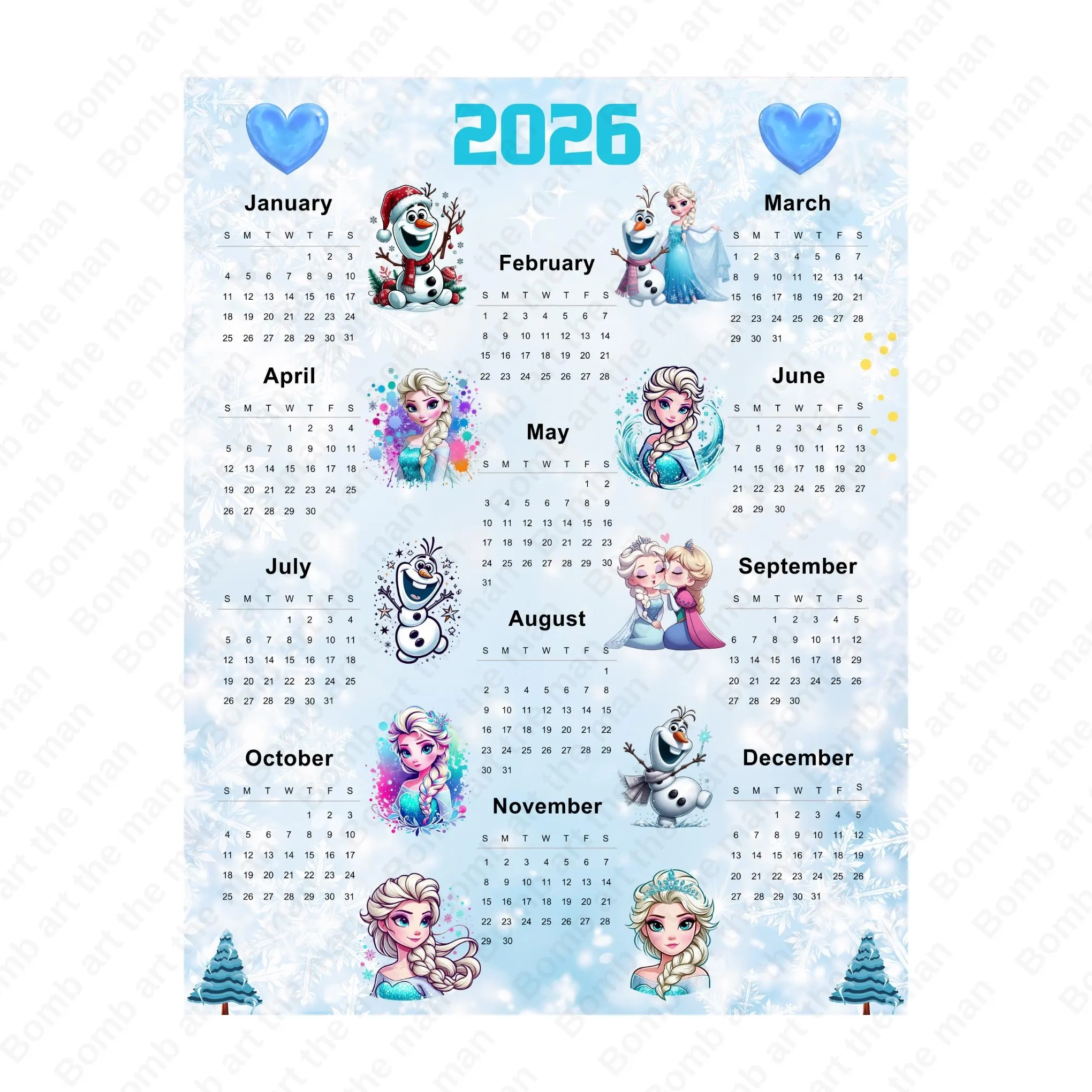 2026 Calendar Frozen Calendar Printable Kids Calendar Princess 