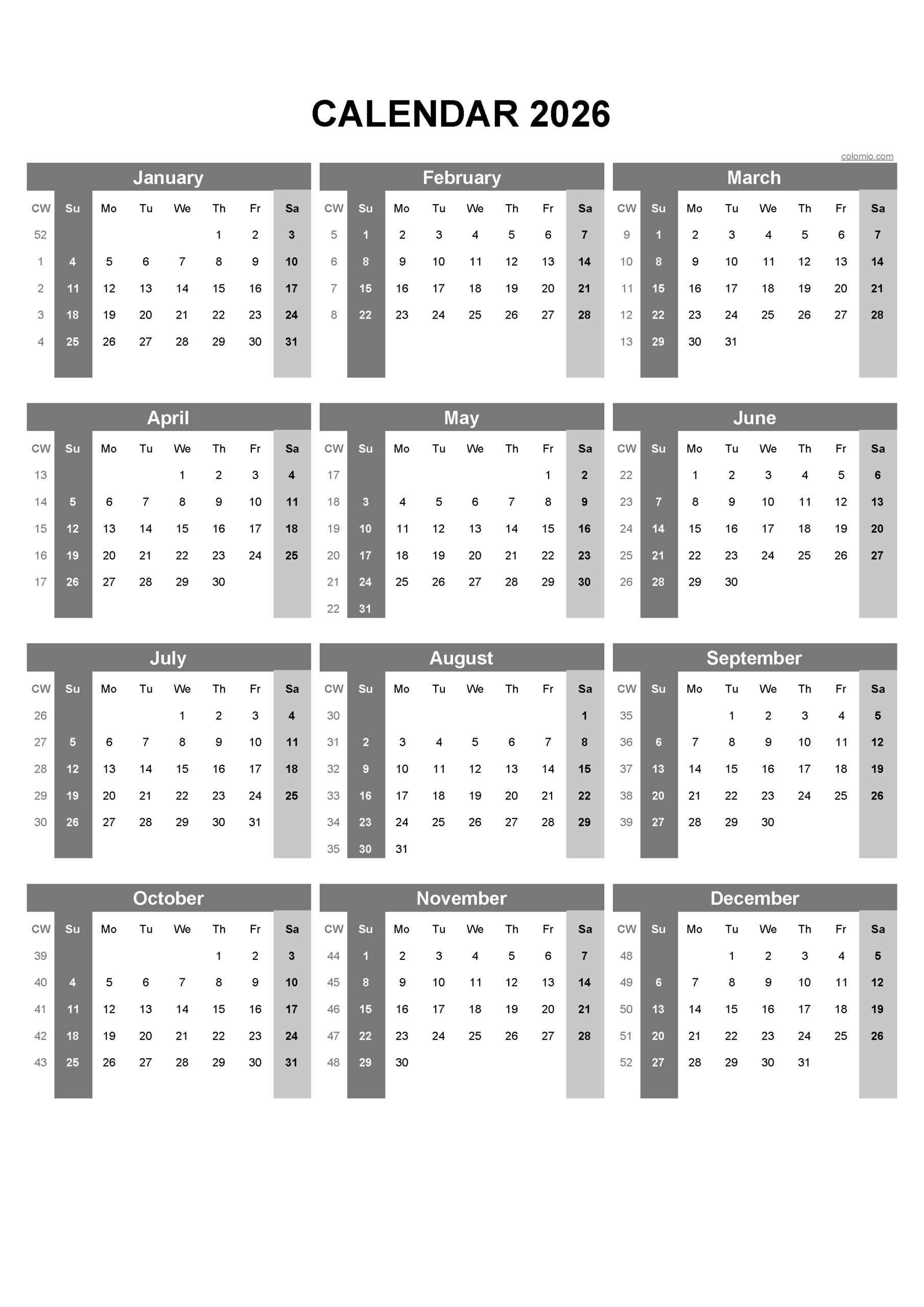 2026 Calendar Printable PDF Excel And Image File Free 