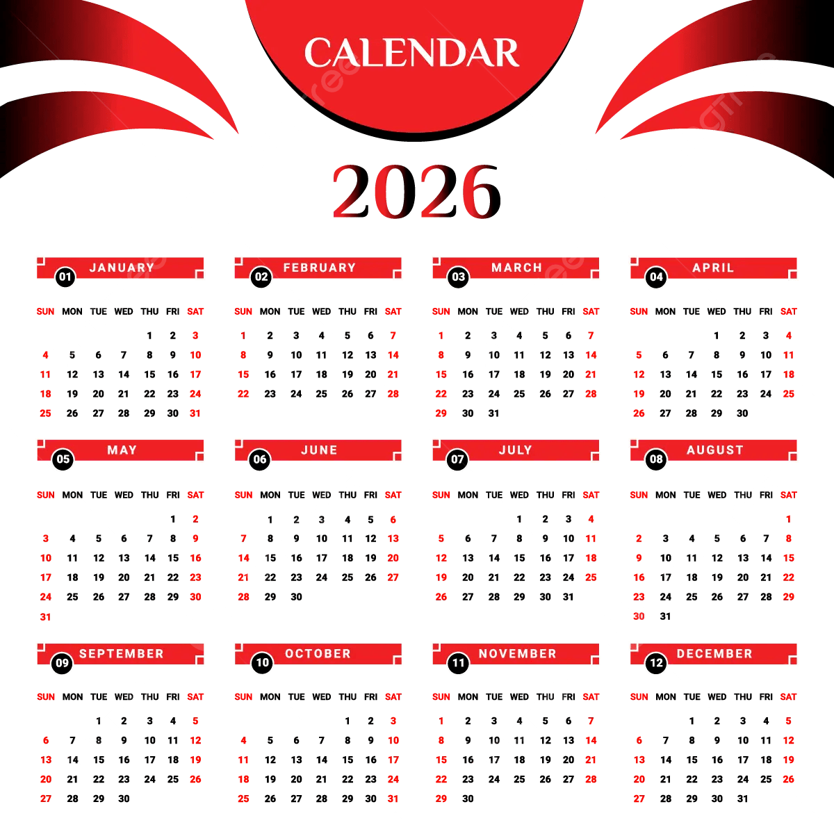 2026 Calendar With Black And Red Vector Calendar 2026 Calendar 
