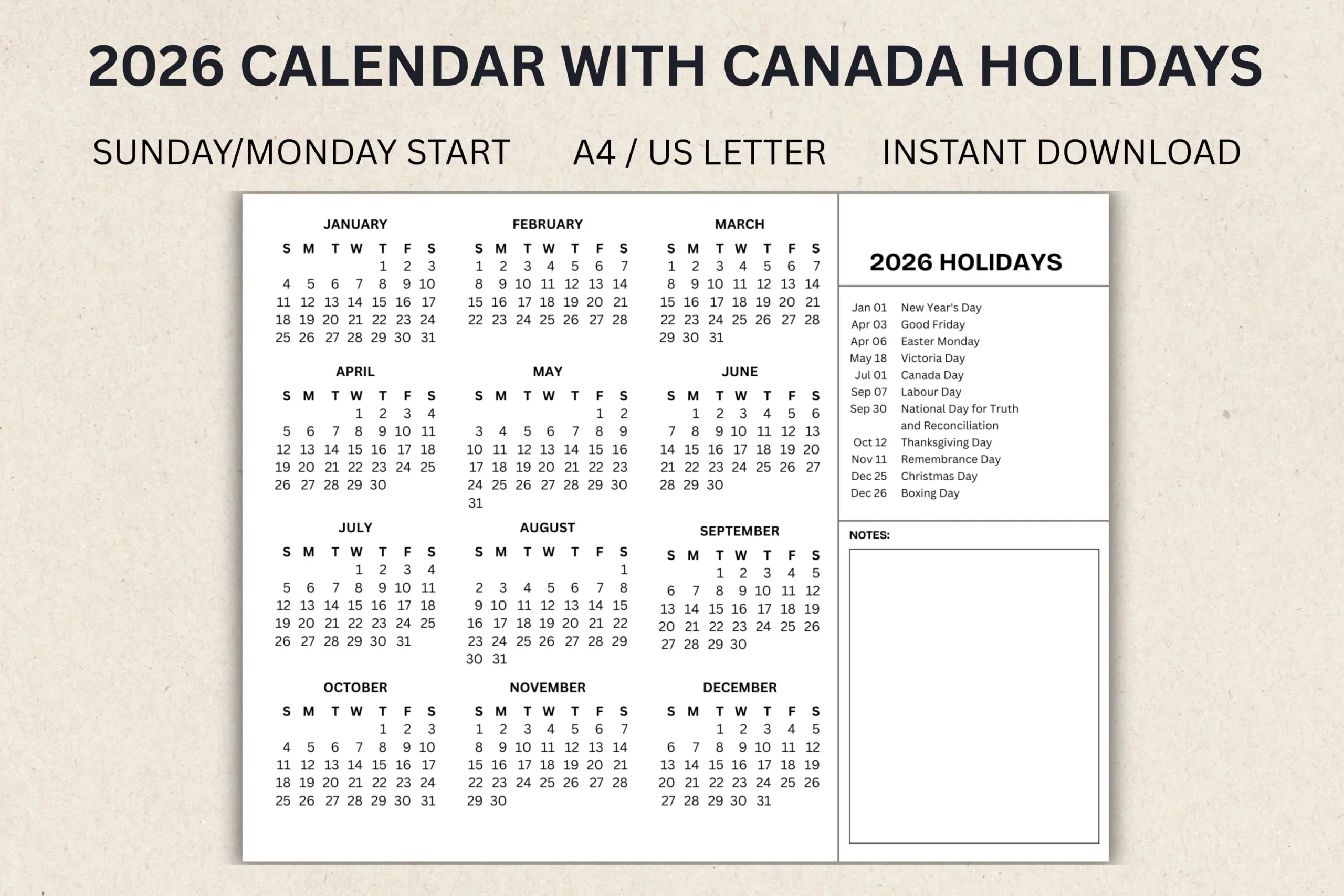 Canadian Holidays 2026 Calendar