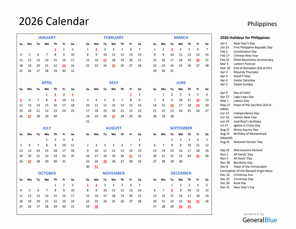 2026 Calendar With Holidays For Philippines