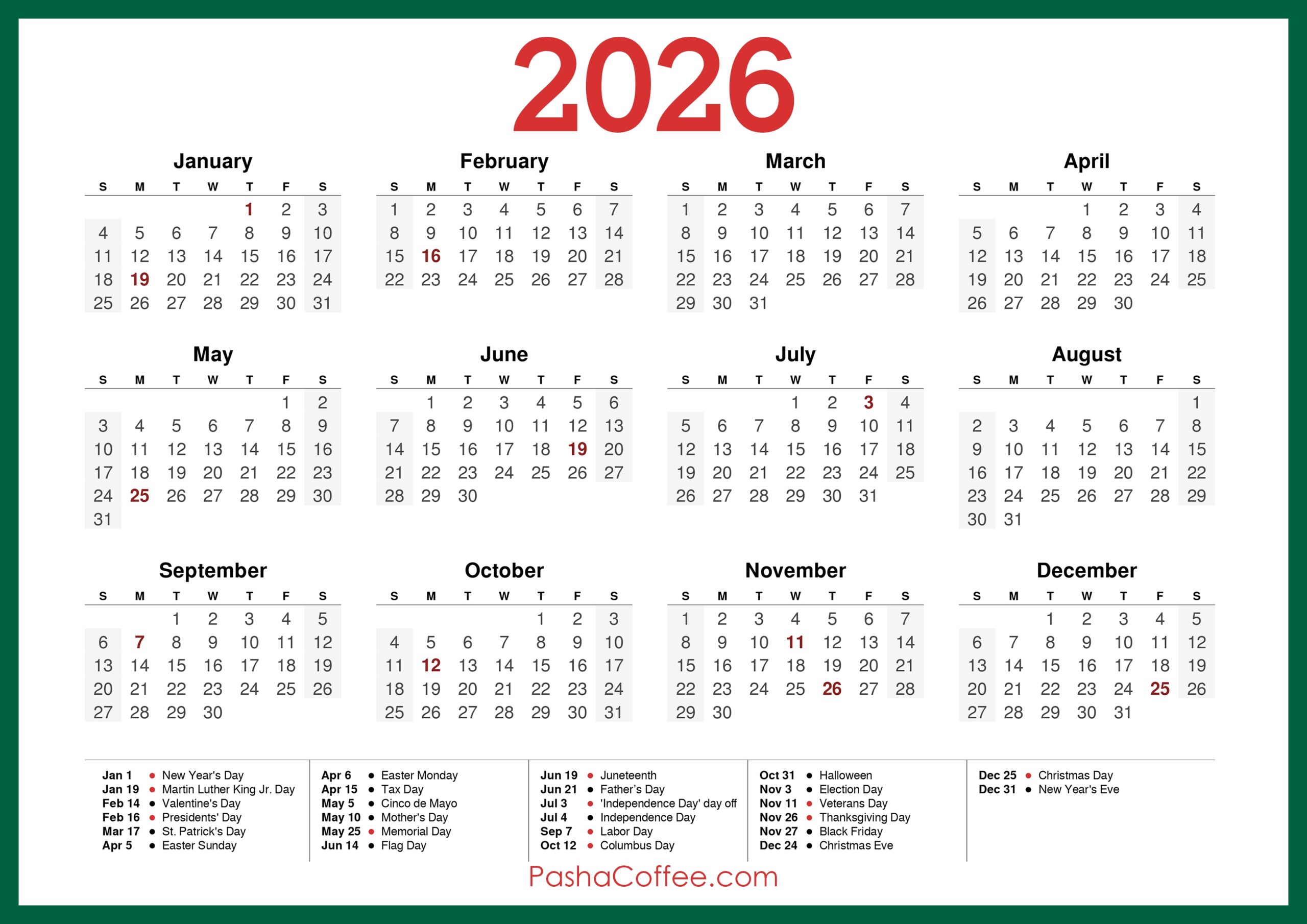 Free 2026 Calendar With Holidays Printable