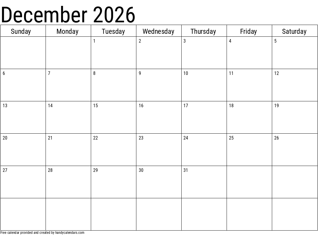 2026 December Calendar Printable Word