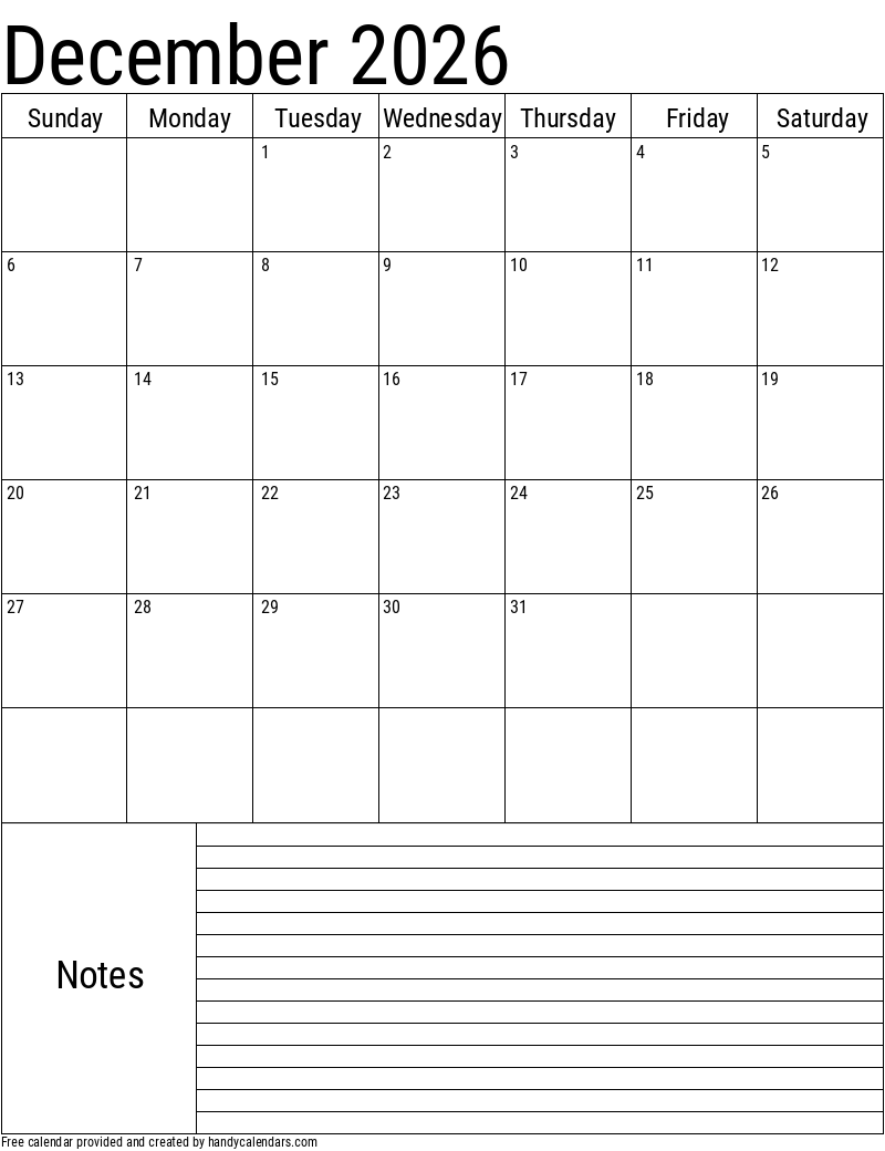 December 2026 Calendar With Lines Printable