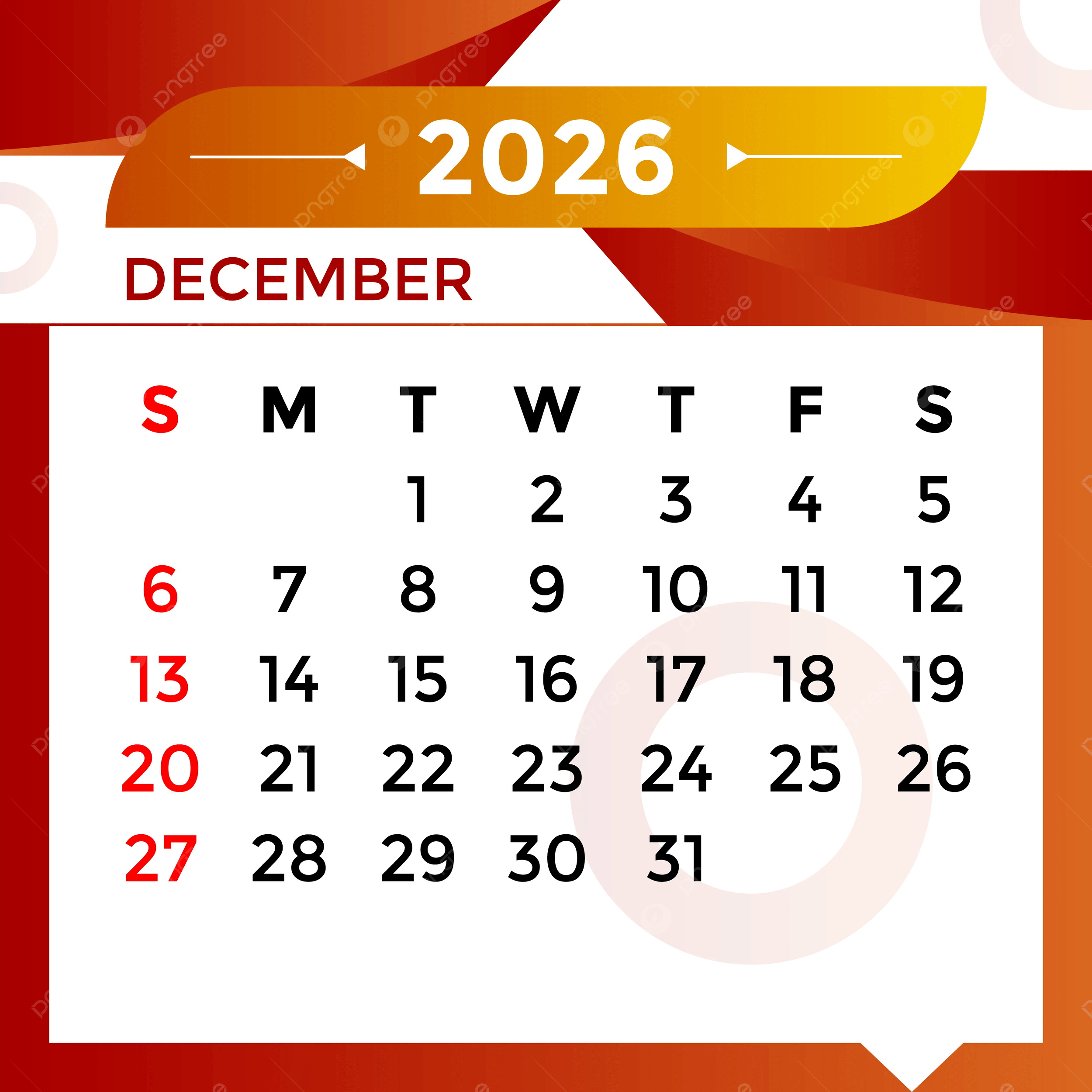 Printable Editable Calendar December 2026