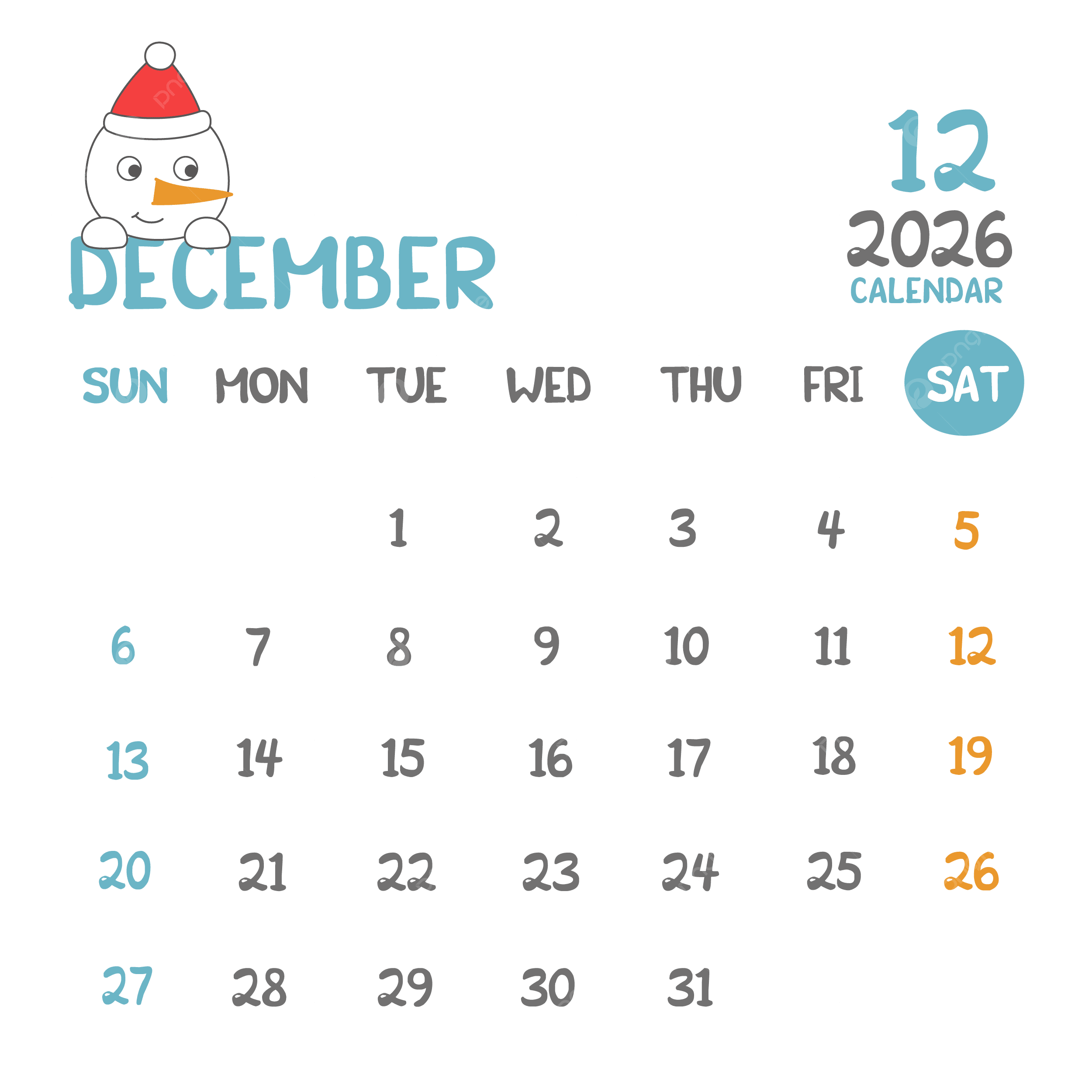 2026 English Calendar December Cartoon Vector Calendar 2026 