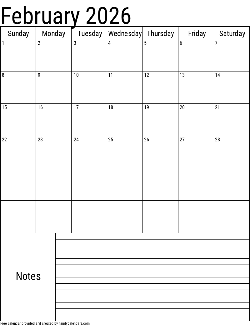 February Printable Calendar 2026