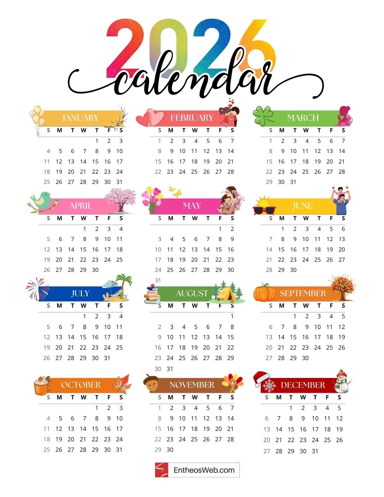 2026 Full Year Printable One Page Calendars EntheosWeb
