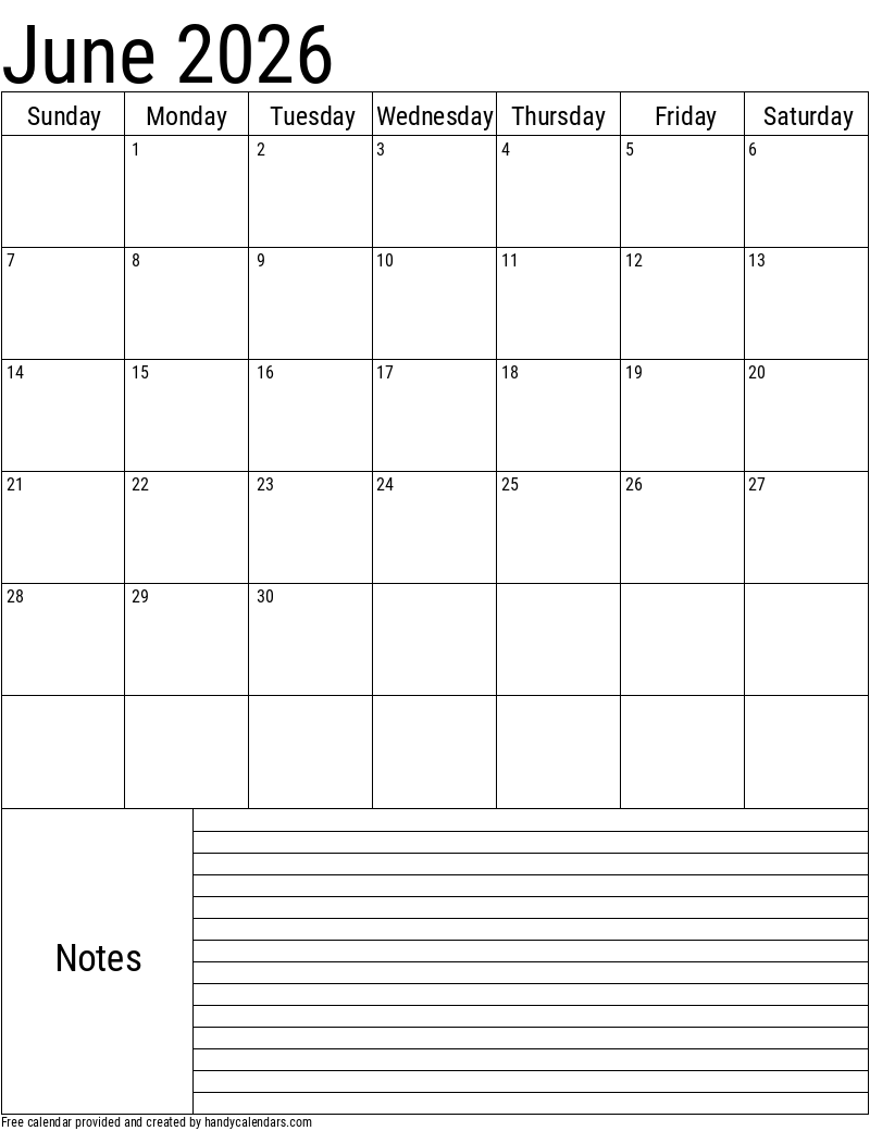 Printable Monthly Calendar 2026 With Notes