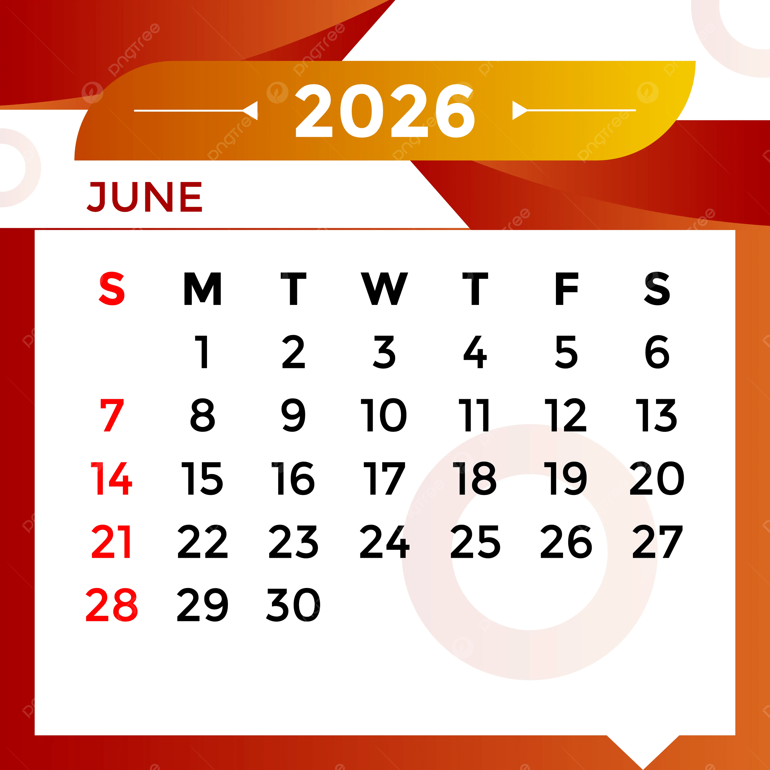 2026 June Month Calendar Vector Template Download On Pngtree