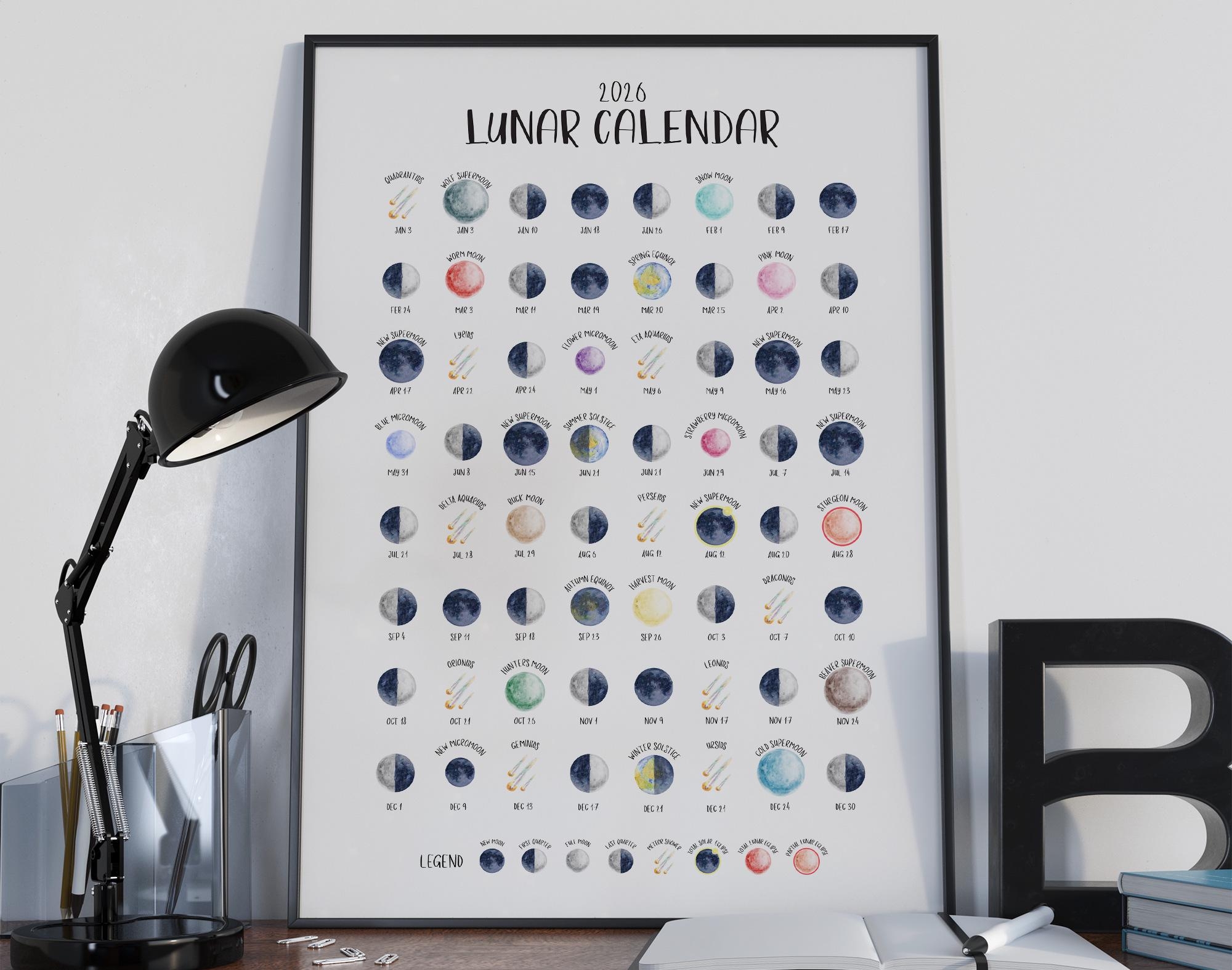2026 Lunar Calendar Print NORTHERN Hemisphere Illustrated Moon 