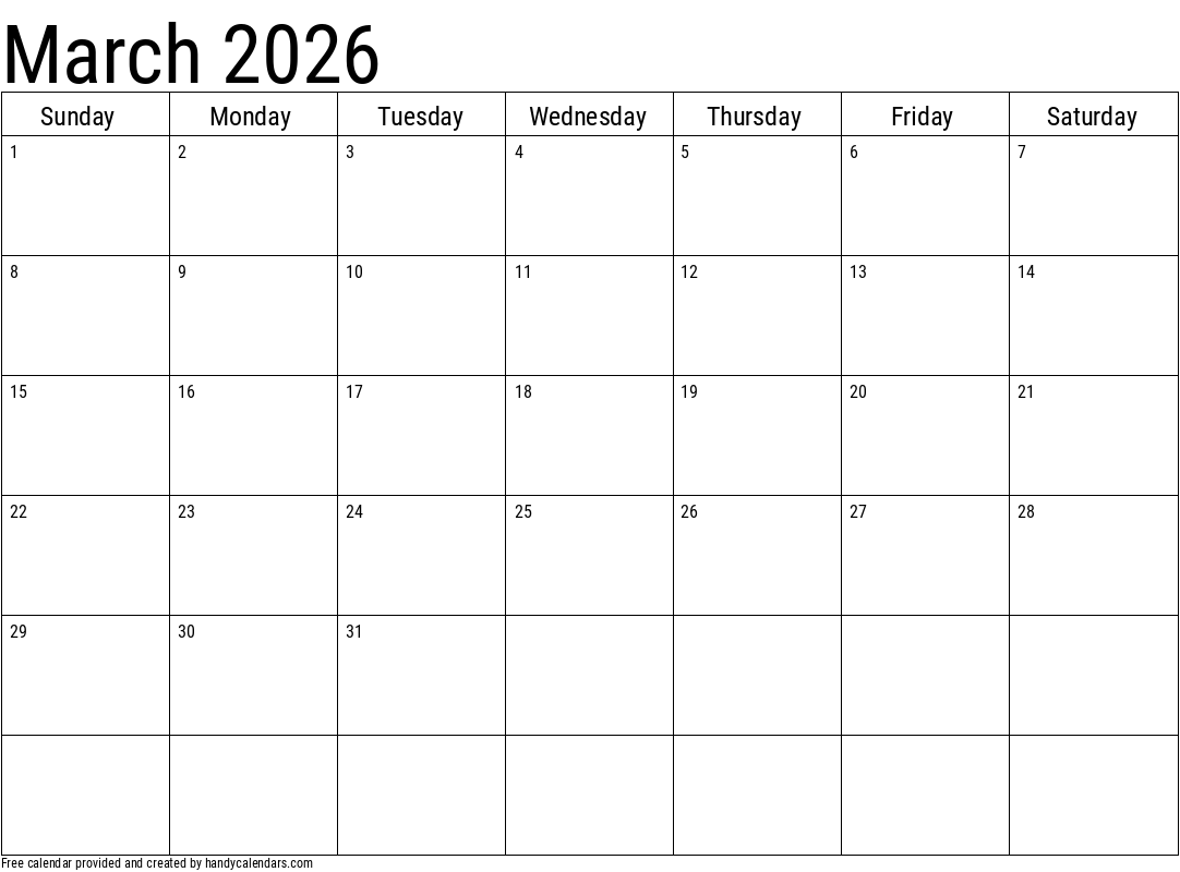 Calendar Template March 2026 Printable