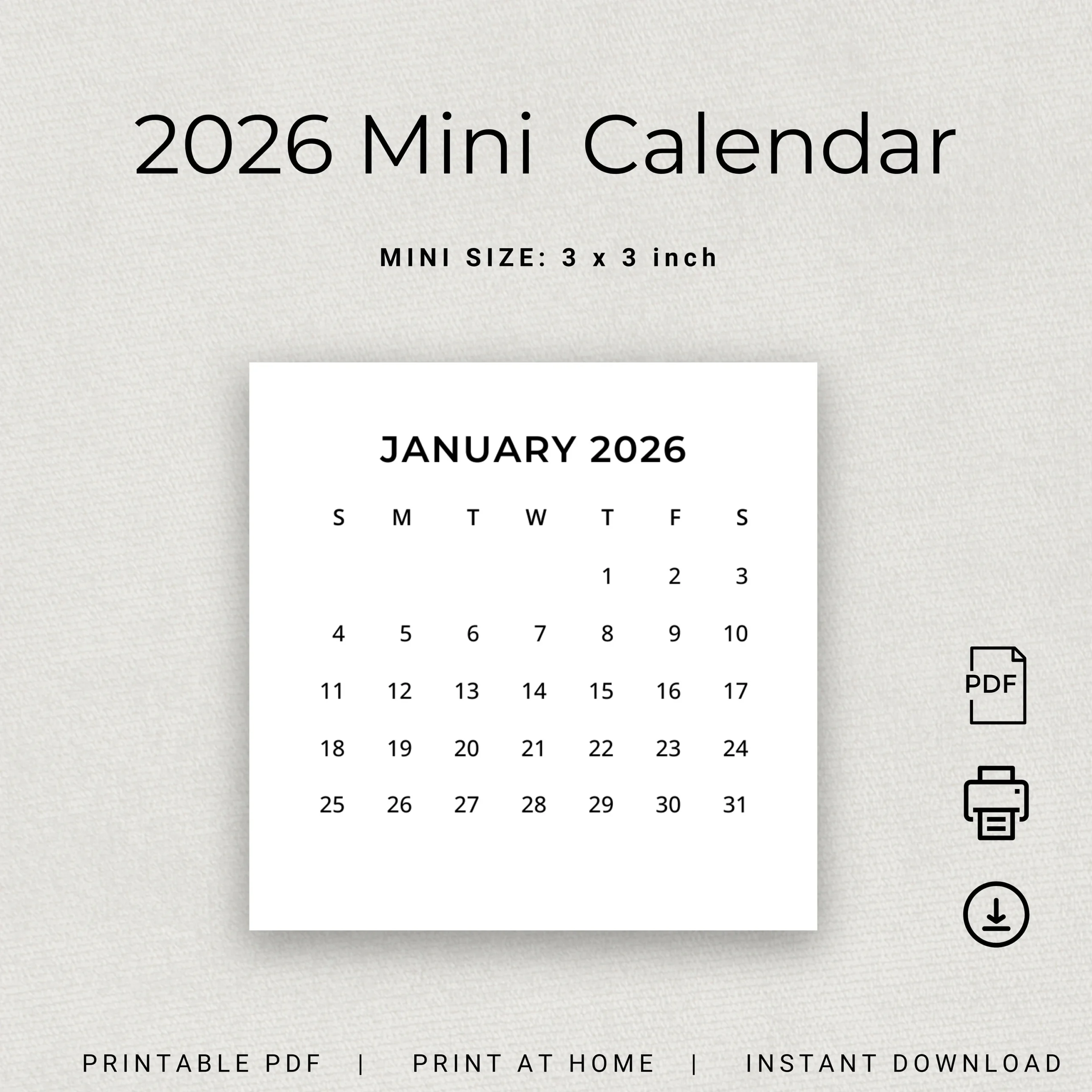 Small Printable Calendar 2026