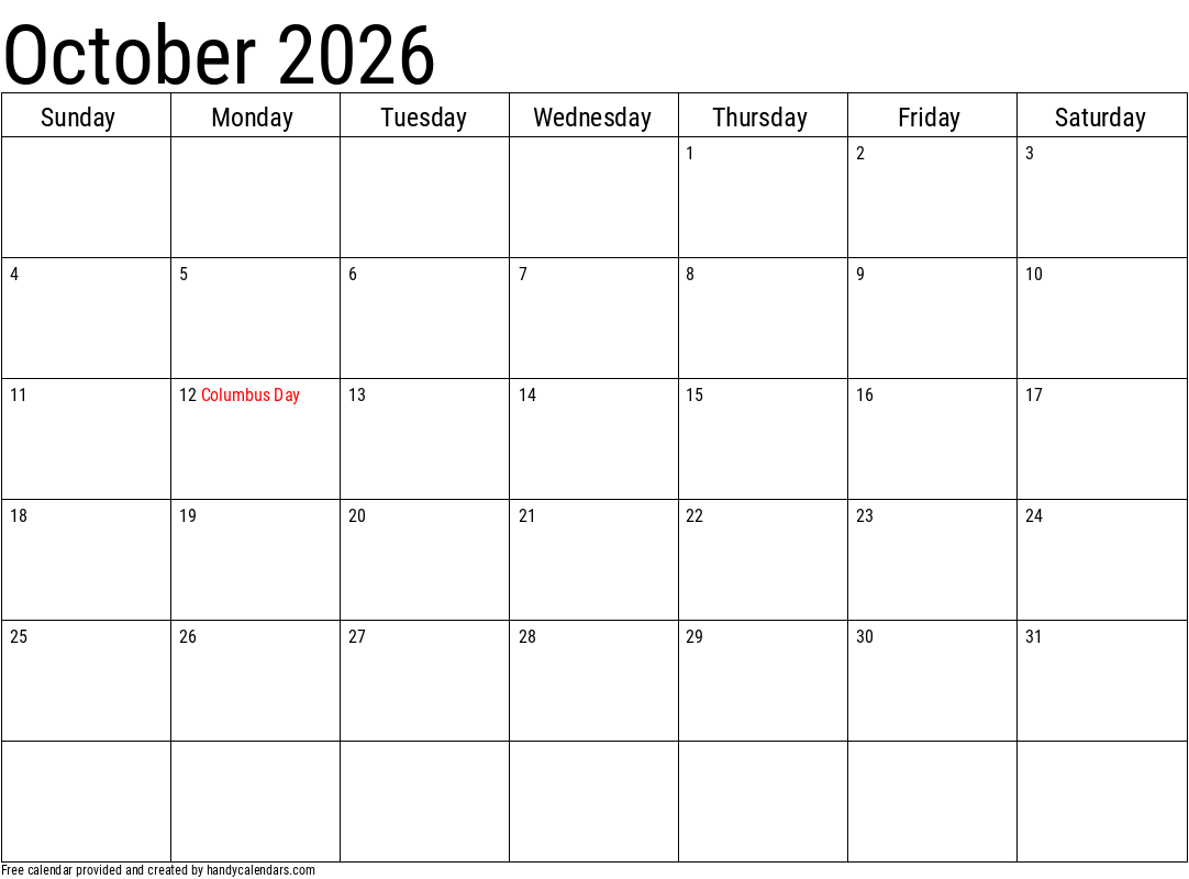 Blank Calendar October 2026 Printable