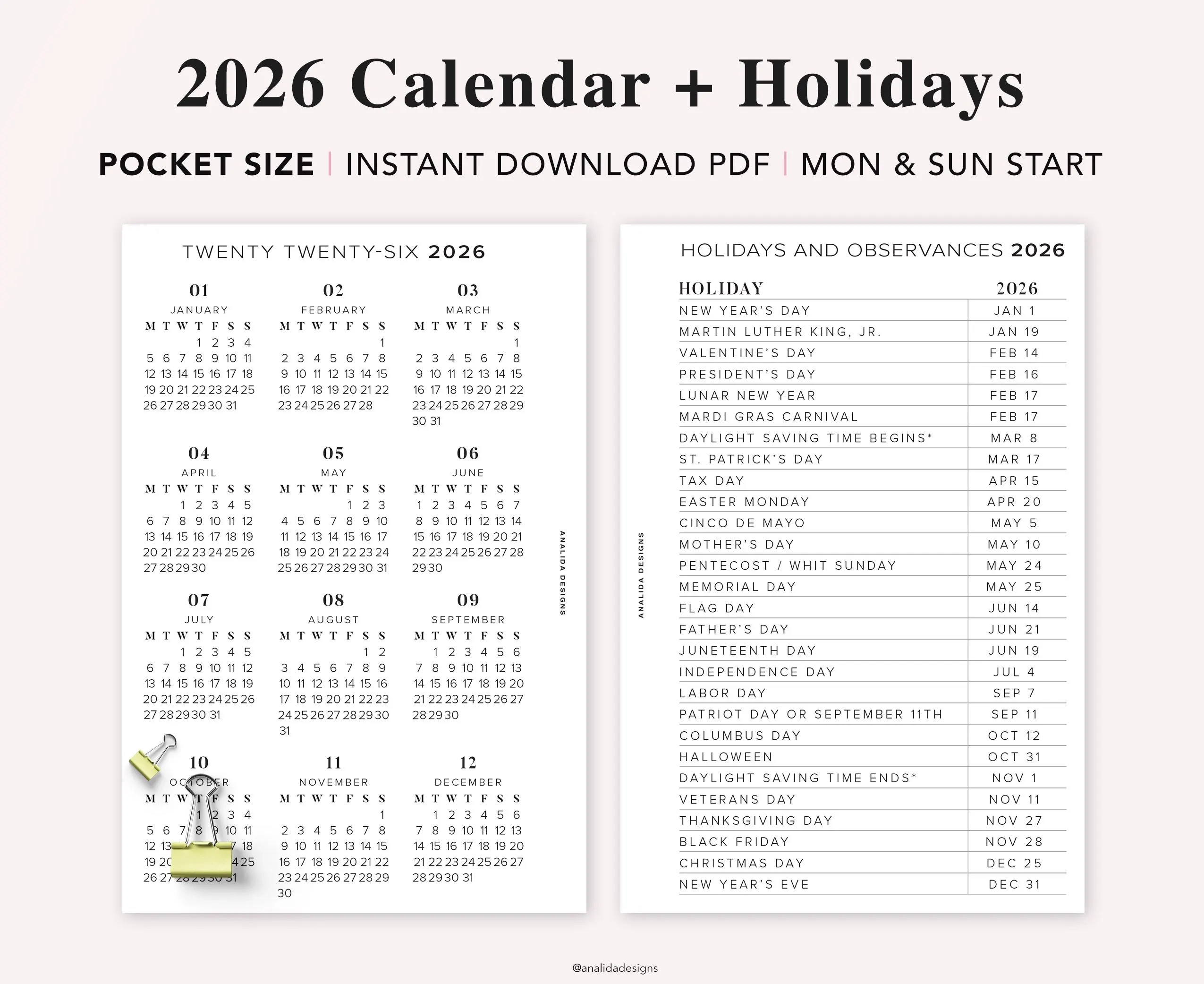 2026 Pocket Calendar With Holidays Year At A Glance PDF 
