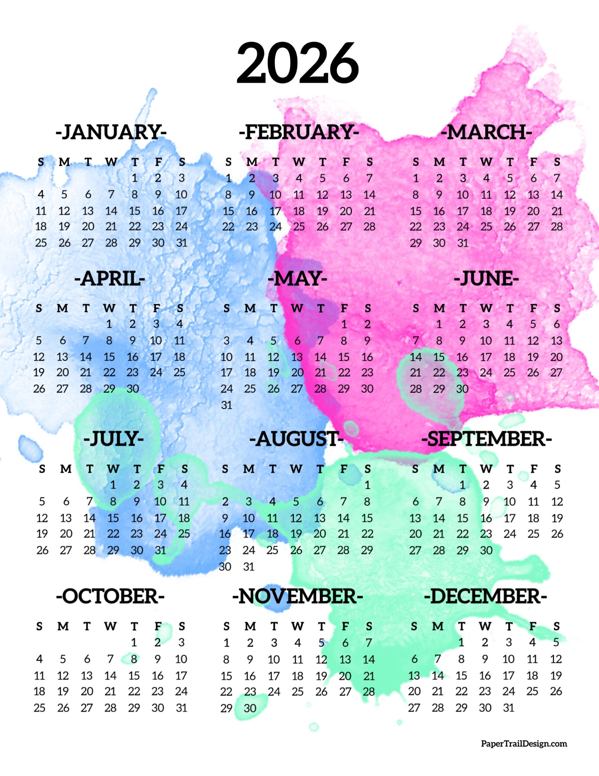 2026 Calendar At A Glance Printable