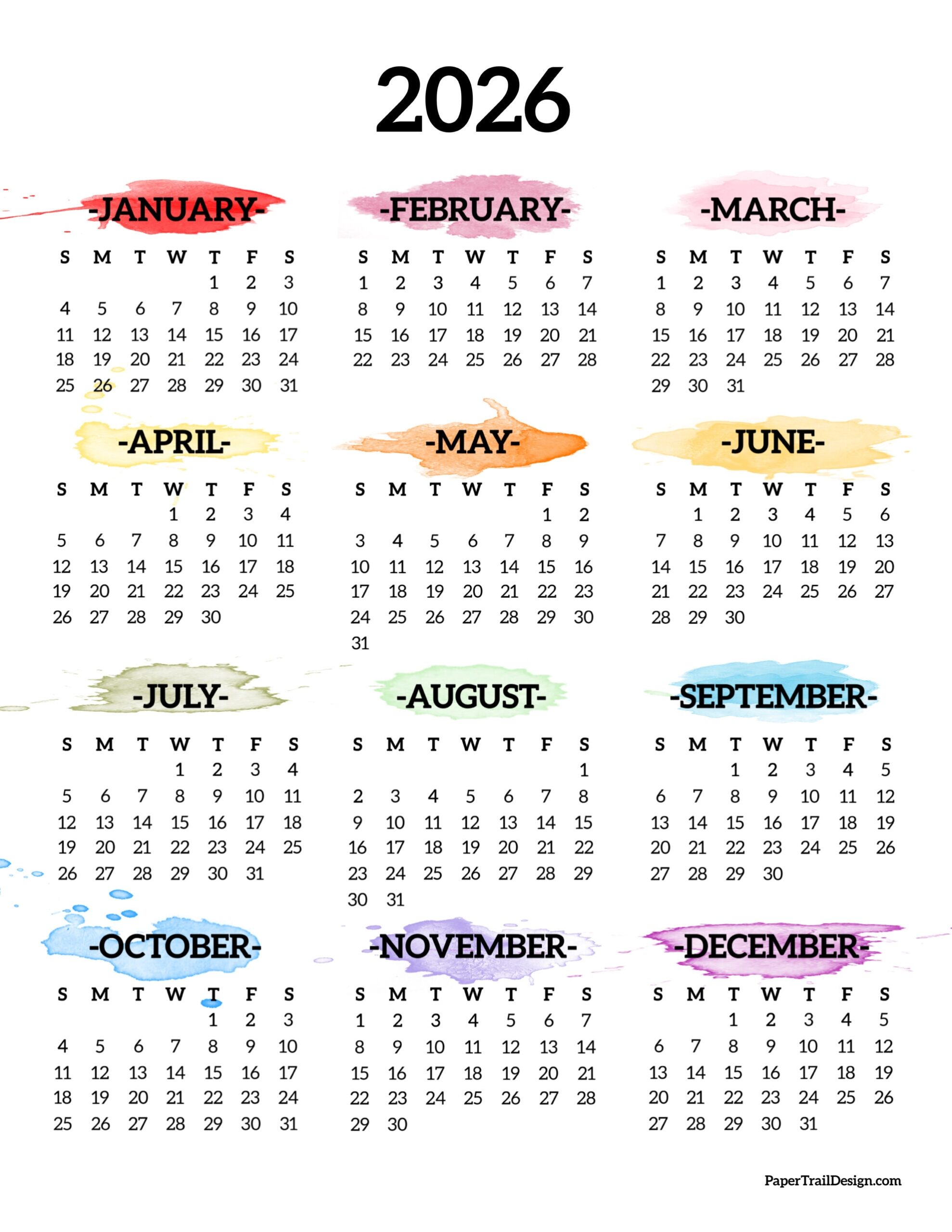 Free Printable Annual Calendar 2026