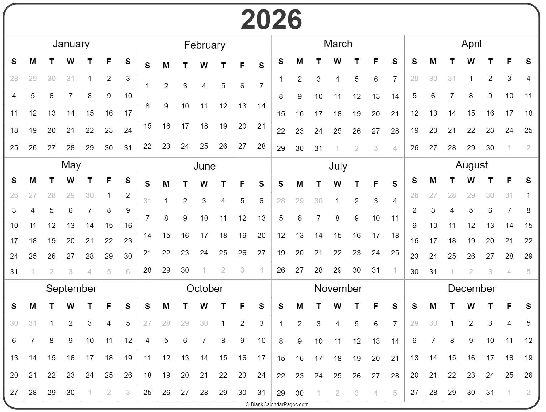 Blank Printable Calendars For 2026