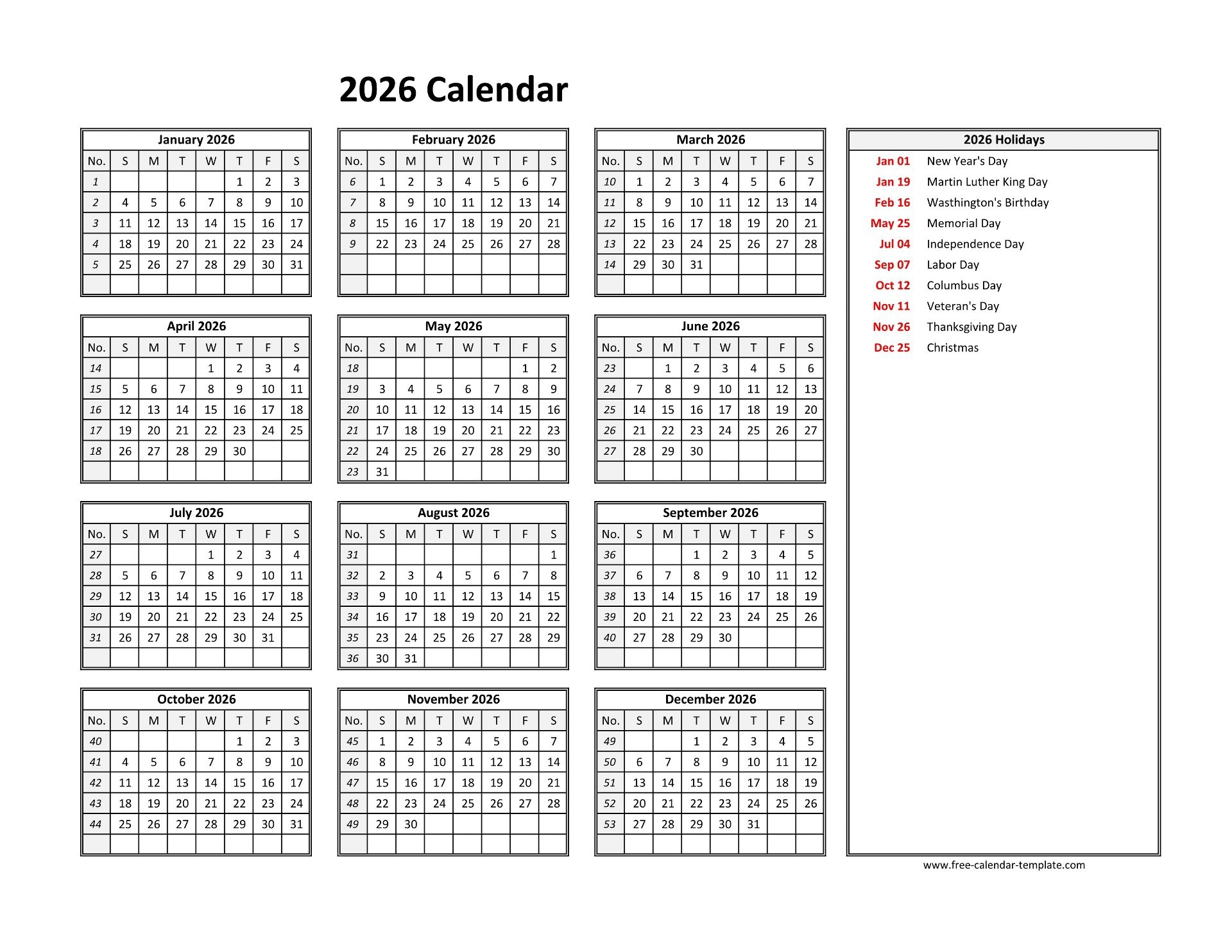 2026 Yearly Calendar Printable With Week Numbers Free calendar 