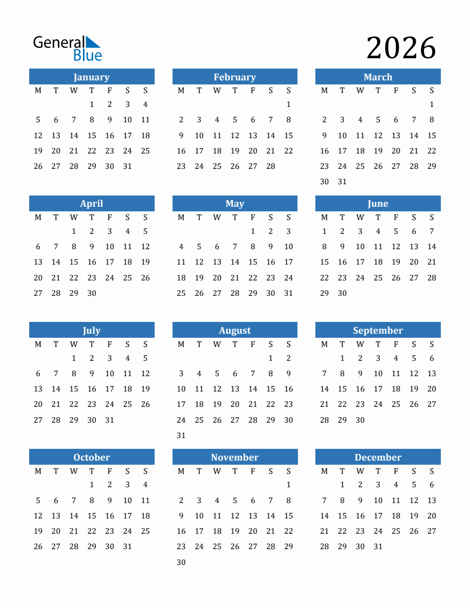 General Blue 2026 Calendar Printable