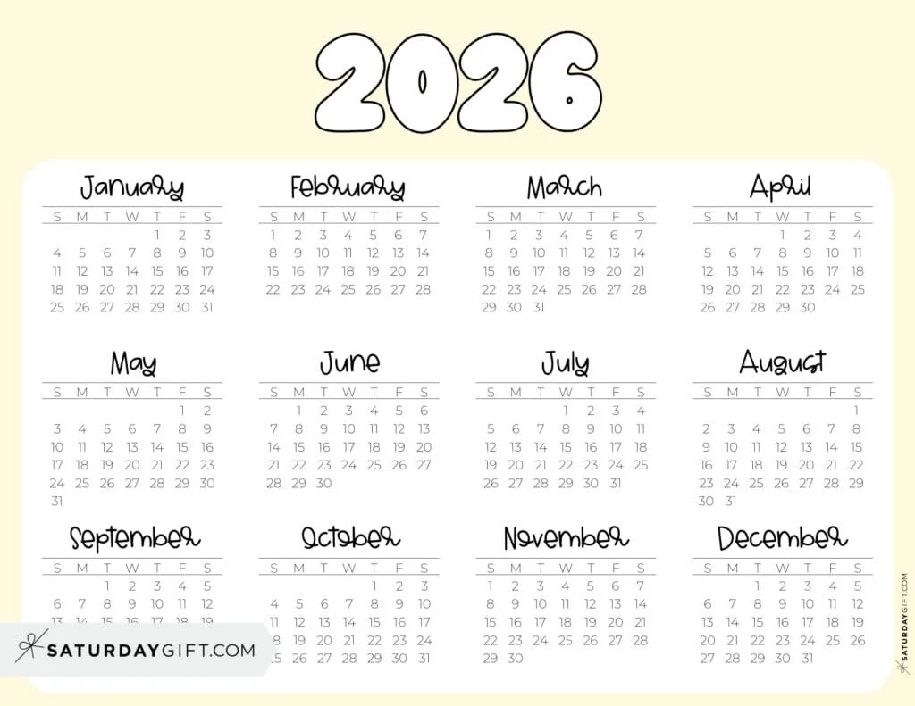 Printable 2026 Yearly Calendar With Holidays