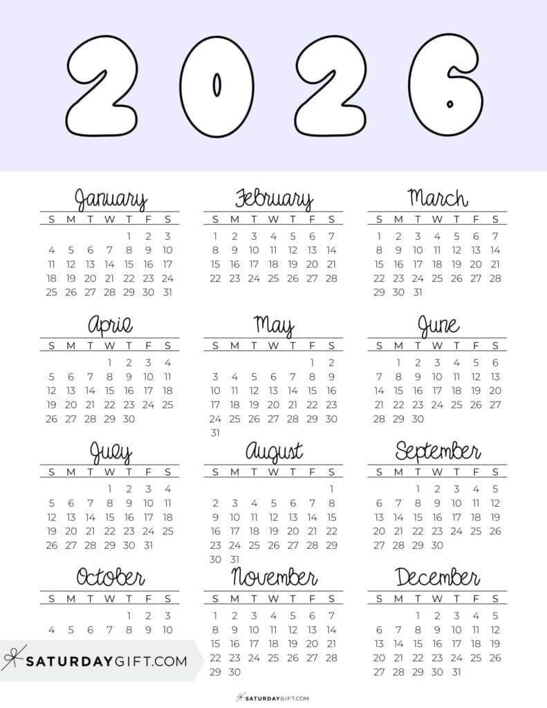 2026 Calendar One Page Printable