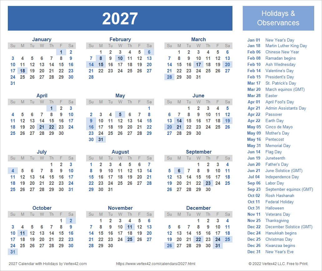2026 2027 Calendar With Holidays Printable 2026 2027 Calendar With Holidays Printable