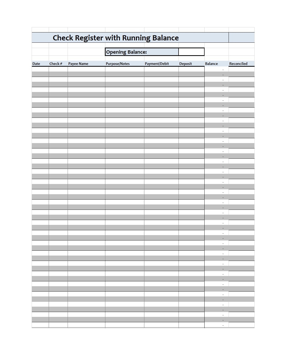 Printable Check Register Template