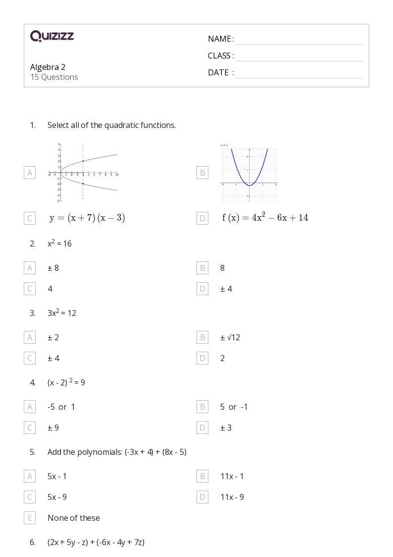 Free Printable Algebra 2 Worksheets