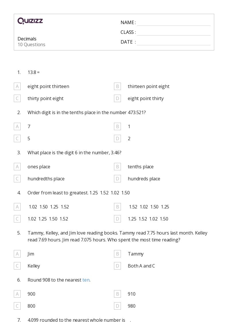 50 Decimals Worksheets For 7th Class On Quizizz Free amp Printable