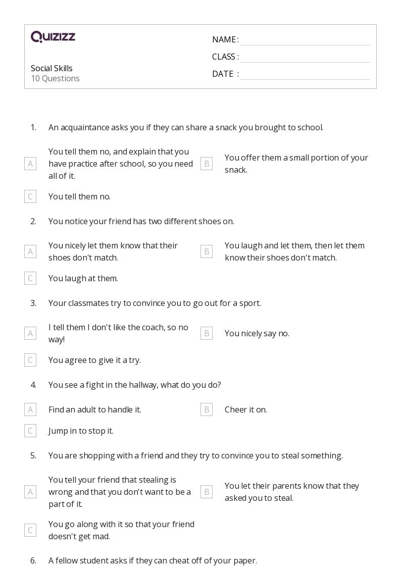 50 Social Skills Worksheets For 7th Grade On Quizizz Free 