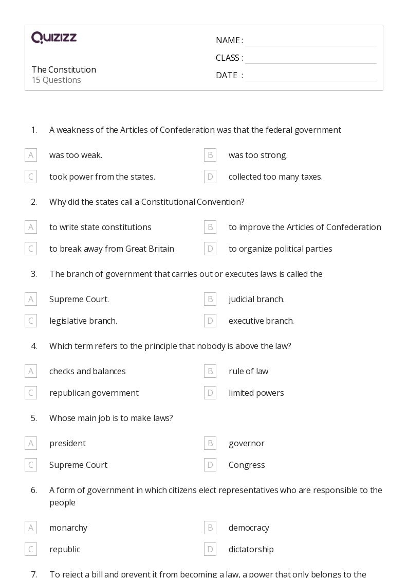 50 The Constitution Worksheets For 8th Grade On Quizizz Free 