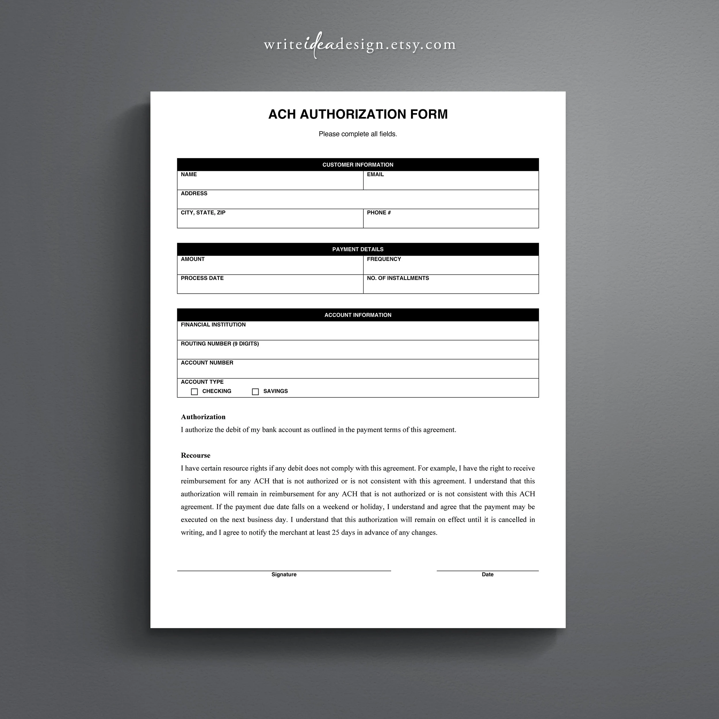 Printable Ach Form Template