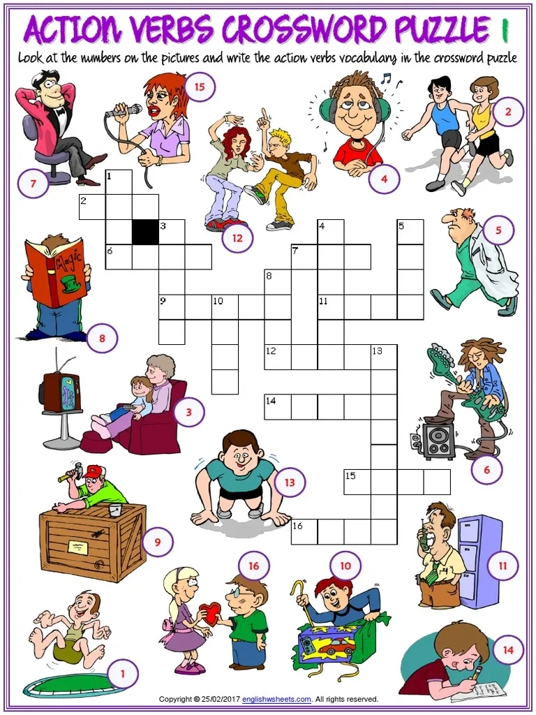 Action Verbs Vocabulary Esl Crossword Puzzle Worksheets For Kids 