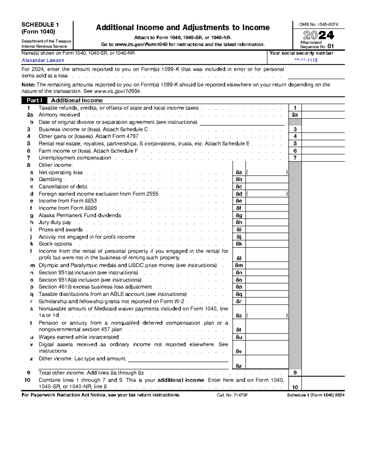 Alexander Lawson Schedule 1 Form 1040 Additional Income 2024 