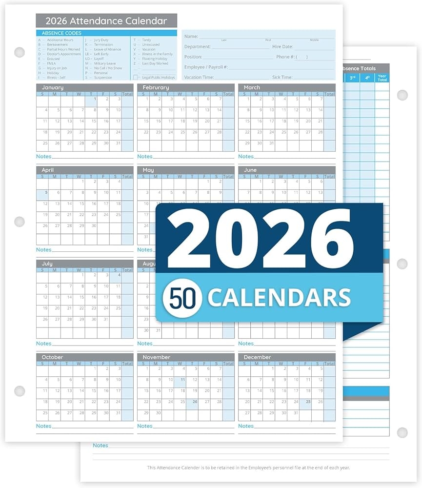 Printable 2026 Employee Attendance Calendar
